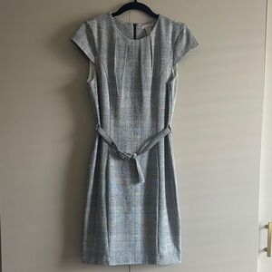 Classic Grey Tweed Cap-Sleeve Dress